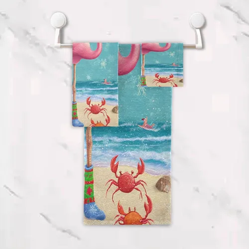 Vista 5 de Pfrewn Juego de 3 toallas de baño de Navidad con flamenco tropical, palmera y cangrejo, toallas de baño, suaves y absorbentes, toallas de mano