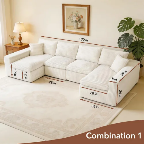 Vista 2 de THSUPER 130'' Oversized U Shaped Deep Seat Boneless Sectional Couch. Beige 6-Seat Plush Corduroy Cloud Sofa, No Assembly Required, 19" Extra-High