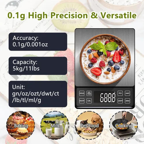 Vista 2 de Báscula digital de alimentos con 0.01 oz/0.1 g de alta precisión, báscula de cocina de 11 lb/5 kg de capacidad, USB-C recargable, LCD con luz