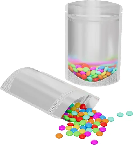 Vista 16 de 100 bolsas de sellado con cremallera resellables de papel metálico de color transparente esmerilado para ventana (negro, soporte 2 onzas)