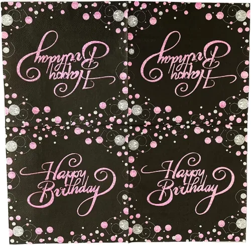 Vista 5 de Servilletas de papel desechables de feliz cumpleaños, color negro y rosa para adultos y niños, fiesta de cumpleaños, papel para bebidas, cóctel, 13