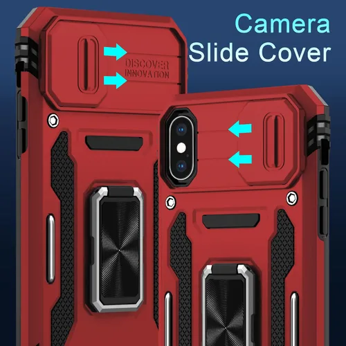Vista 256 de DEERLAMN Funda para iPhone Xs Max con funda deslizante para cámara + protector de pantalla, soporte giratorio de anillo de grado militar a prueba