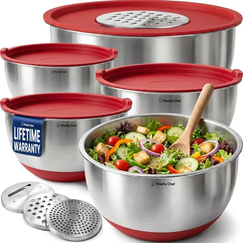 Vista 11 de Priority Chef Juego de tazones para mezclar de acero inoxidable con tapas, 3 accesorios para rallar, tapas herméticas, base de silicona