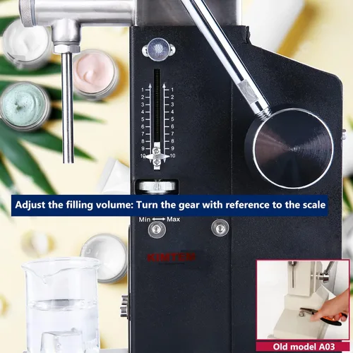 Vista 2 de Máquina manual de llenado de líquido y pasta KIMTEM, llenador de botellas ajustable 5-50ml A03