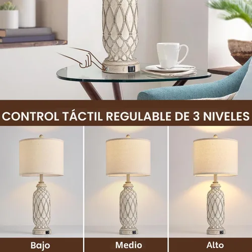 Vista 3 de Lámparas de Mesa de Estilo Granja para Dormitorio, Juego de 2, Lámpara de Noche Rústica de 28 pulgadas con Puertos USB, Lámpara de Mesa de Noche