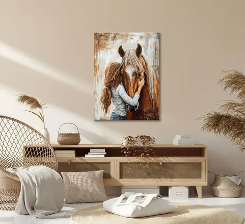 Vista 3 de Arte de Pared en Lienzo de Niña Pequeña y Caballo Tonos Tierra Cálidos Retro Decoración de Pared Imagen de Niña Pequeña Abrazando Caballo Castaño