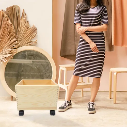 Vista 3 de Cabilock Caja de almacenamiento de madera con tapa y ruedas, organizador portátil de artículos diversos, contenedor de almacenamiento para el hogar