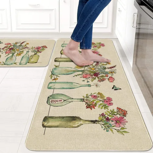 Vista 2 de Juego de 2 tapetes y tapetes de cocina con diseño floral de primavera, diseño floral de acuarela para piso, decoración de fregadero de cocina