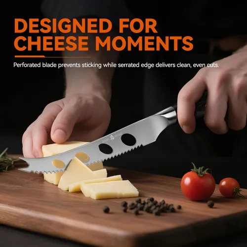 Vista 2 de TUO Cuchillo para cortar queso, cuchillo de tomate dentado de 5 pulgadas, con punta bifurcada y hoja antiadherente, acero alemán de alto carbono