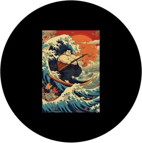 Vista 3 de Funny Surfing Sumo Wrestler on Kanagawa Great Wave PopSockets Adhesive PopGrip