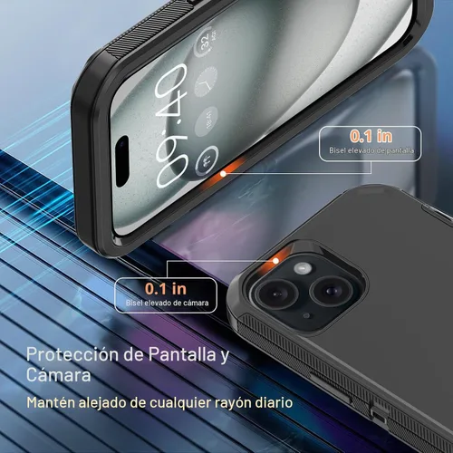 Vista 3 de Funda para iPhone 15 con 2 Protectores de Pantalla, Protección Contra Caídas a Prueba de Golpes, Cuerpo Completo, Uso Pesado, 3 Capas, Militar Negro