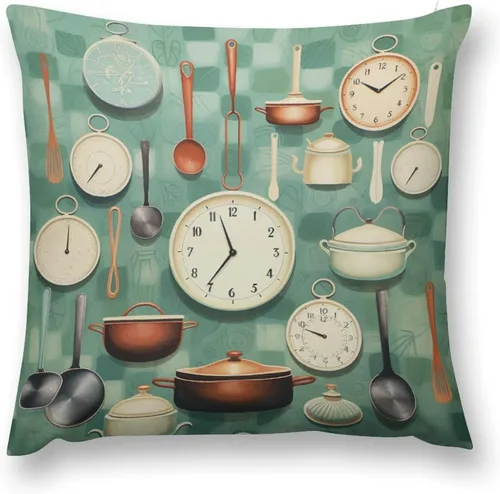 Vista 2 de Pots and Pans, Kitchen Clock and Cooking Art Velvet Square Decorative Throw Pillow Covers 12 "x12 Throw Pillow Covers for Outdoor Home Decor