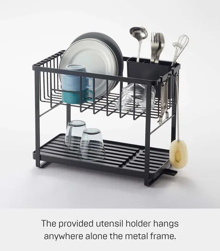 Vista 2 de YAMAZAKI Home Tower - Escurridor de platos ajustable de dos niveles, estante de secado compacto con ganchos, soporte para utensilios, acero