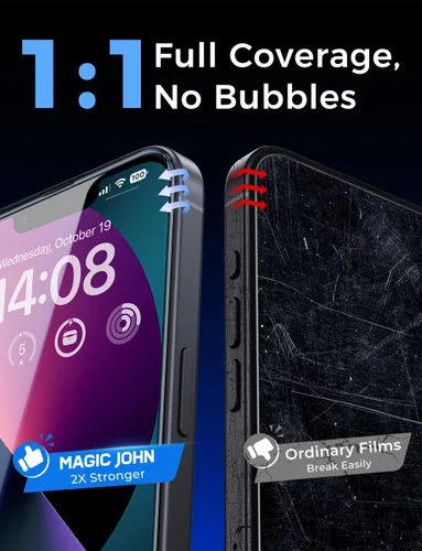Vista 12 de MAGIC JOHN Paquete de 2 protectores de pantalla de vidrio templado para iPhone 13/14 y iPhone 13 Pro de 6.1 pulgadas, eliminación automática