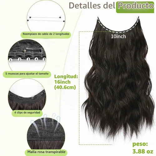 Vista 2 de KooKaStyle Extensiones de cabello de alambre invisible con diadema transparente, tamaño ajustable, 4 clips de seguridad, largo, ondulado, alambre
