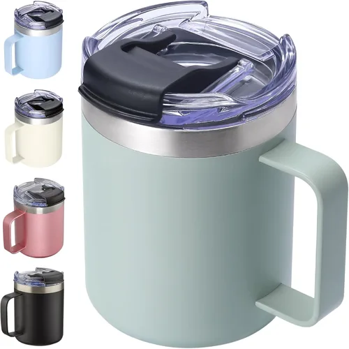 Vista 30 de Taza de café aislada de 12 onzas con asa, taza de café de viaje de acero inoxidable con tapa abatible, vaso de café de doble pared con aislamiento