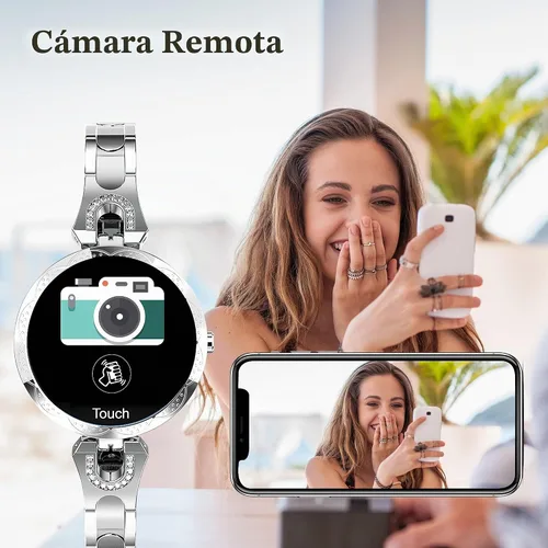 Vista 3 de findtime Reloj inteligente plateado para mujer, pulsera inteligente con diamantes de acero inoxidable, elegante rastreador de fitness, podómetro