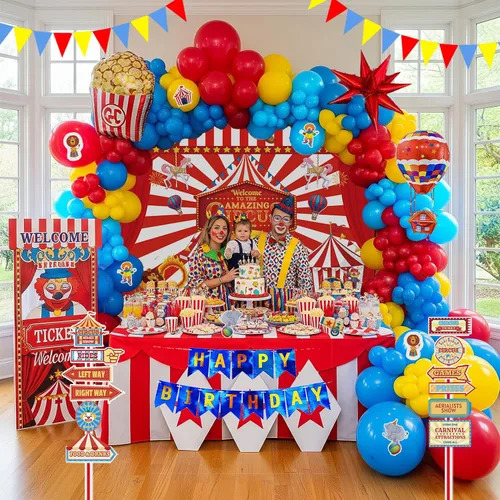 Vista 2 de Decoraciones de fiesta de cumpleaños con temática de circo e incluyen guirnalda de globos rojos, azules y amarillos y globos de papel de aluminio