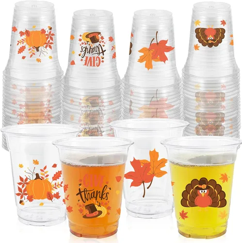 Vista 31 de ABURRORI 50 Piezas Vasos de Plástico de 12 Onzas Otoño Acción de Gracias, Vasos de Fiesta de Otoño Acción de Gracias con Estampado de Hoja de Arce