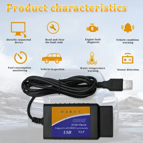Vista 4 de Adaptador de cable de diagnóstico OBDII USB V1.5 Escáner OBD2 para múltiples marcas CAN-Bus para Windows, escáner de fallas de coche OBDII, tester