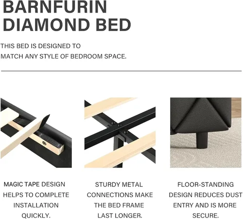 Vista 7 de BarnFurin Base de cama individual con cabecero, cama tapizada con diseño capitonado de diamante, marco de cama para niños con soporte de listones