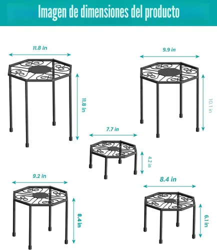 Vista 4 de Paquete de 5 soportes metálicos para plantas para interiores y exteriores, soporte de hierro antioxidante, estante resistente para macetas