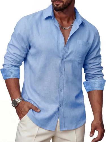 Vista 12 de Camisas de lino para hombre, casual, de manga larga, con botones, ajuste regular, cuello en contraste, con bolsillo