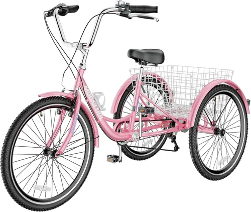 Vista 21 de Slsy Triciclo para adultos de 7 velocidades, 20/24/26 pulgadas, bicicleta de 3 ruedas para adultos con cesta de compras grande, capacidad de 350