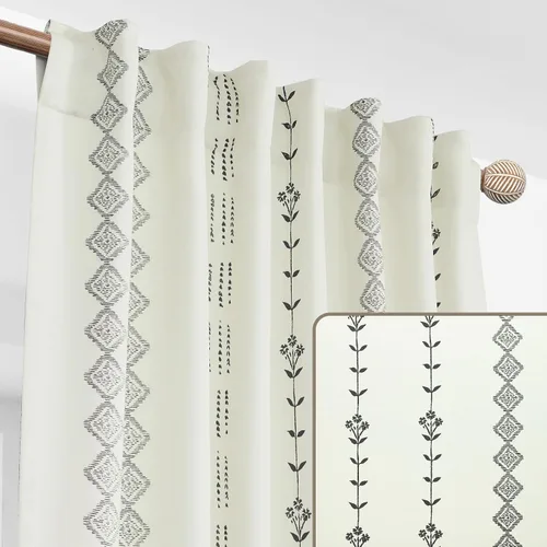 Vista 6 de Lino Rosa Cortinas de Crema y Negro para Cocina, Cortinas Opacas Bohemias para Ventana de Baño y Sala de Estar, 45 Pulgadas de Largo
