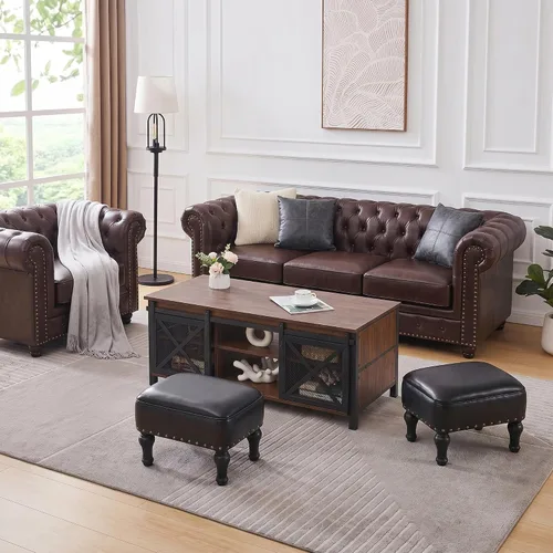 Vista 7 de Cmishe Reposapiés otomano de cuero, reposapiés vintage, asiento tapizado de espuma gruesa, reposapiés de madera, banco para zapatos debajo del Negro