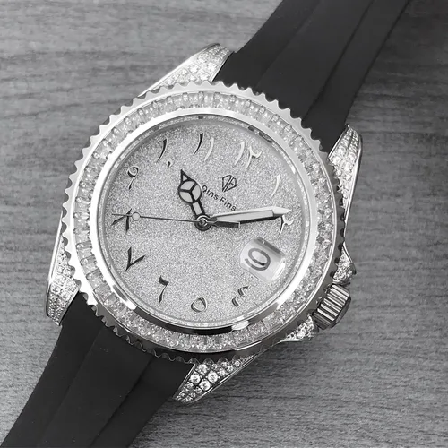 Vista 9 de Reloj de pulsera automático de acero inoxidable con diamantes brillantes helados, BlancoDorado, 40mm