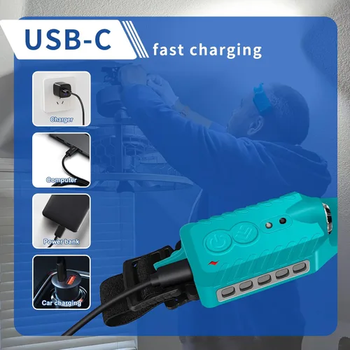 Vista 6 de Nessciera Linterna LED recargable (Azul), 400 lúmenes, haz ancho de 230°, USB-C, IPX4, 5 modos — Banda ajustable ligera; clips para casco