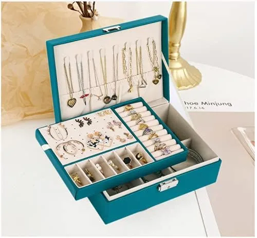 Vista 5 de Joyero para mujer cuero con candado organizador portátil de joyas de 2 capas y caja de almacenamiento collares pulseras anillos soporte para aretes