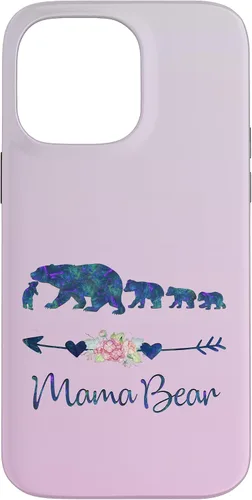 Vista 21 de Funda para iPhone 16, diseño floral de mamá oso de cuatro cachorros, color verde azulado y morado