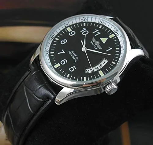 Vista 2 de VIGOROSO Reloj deportivo de cuerda automática de cuero negro para hombre, Negro -, Reloj de cuerda automática