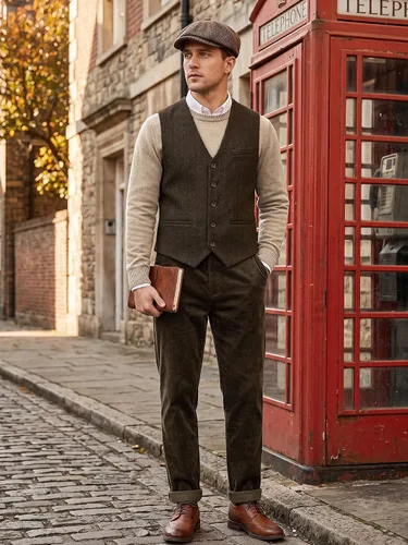 Vista 6 de MAGE MALE Chaleco de traje de tweed en espiga para hombre, chaleco vintage Marrón