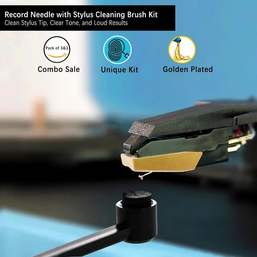 Vista 2 de Paquete de 3 agujas de repuesto de diamante para tocadiscos, agujas para discos de vinilo con kit de cepillo de limpieza de aguja para tocadiscos