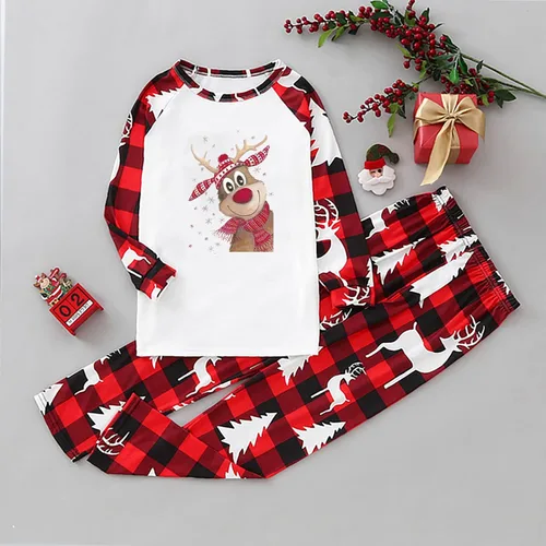 Vista 3 de Pijamas de Navidad familiares a juego divertidos conjuntos de pijamas de Navidad con bloques de color rojo pijamas de Navidad para la familia
