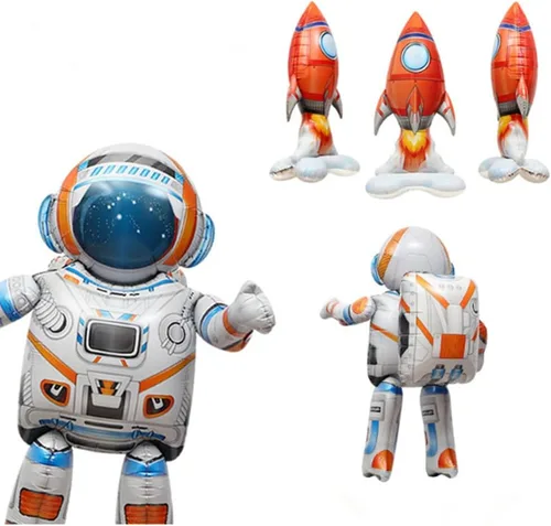 Vista 3 de Globos de nave espacial con cohetes espaciales, decoraciones de fiesta, globos inflables de astronauta (mediano)