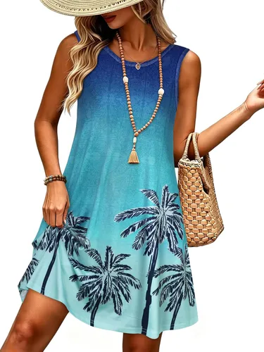 Vista 18 de elescat Vestidos de verano para mujer 2025, vestido casual de playa sin mangas con estampado floral, tipo camiseta, suelto y con bolsillos