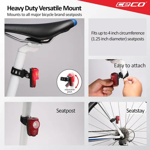 Vista 5 de CECO Luz trasera de bicicleta recargable USB súper brillante de 100 lúmenes, IP67 impermeable, FL-1 resistente a los impactos, calidad de grado