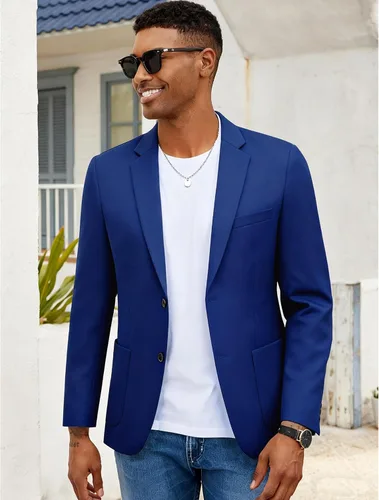 Vista 4 de COOFANDY Mens Blazer Casual Slim Fit Sport Coats Lightweight Sport Jacket Linen Textured Blazer, Two Button Suit Jacket, Patch Pockets, Plaid B