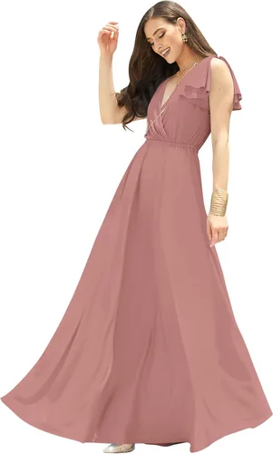 Vista 11 de KOH KOH Vestido largo maxi para mujer 2025 con cuello en V, sin mangas, con volantes, para dama de honor, baile de graduación Negro