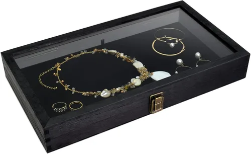 Vista 4 de MOOCA Vitrina de madera para joyas, tapa superior de vidrio templado, vitrina de cuchillo de bolsillo con cierre de metal y almohadilla extraíble