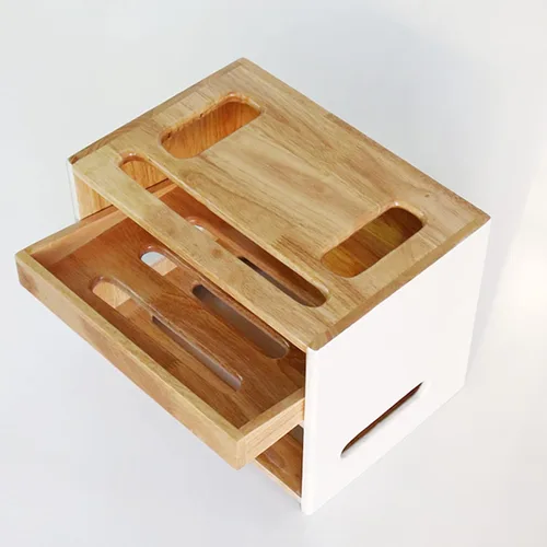 Vista 4 de Cable Organizer Box Double-Layer Wooden Router Storage Box Home Office Handmade Cable Tidy Box with Removable Partitions Desktop Tidy Power Strip