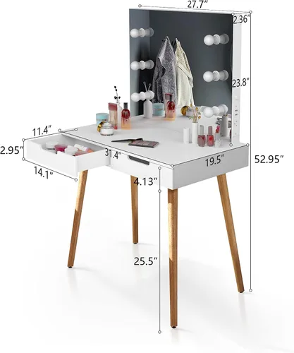 Vista 3 de Escritorio de espejo de maquillaje de madera maciza+MDF mesa de tocador de maquillaje con luz LED y puerto USB tocador con 2 cajones