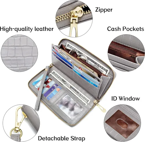 Vista 5 de Badiya Cartera para mujer, con bloqueo RFID, de cuero, con cremallera, de gran capacidad, para tarjetas de crédito, bolso largo, Gris