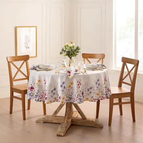 Vista 2 de Elrene Home Fashions Mantel de tela con borde botánico de flores silvestres de amapola, redondo, 70 x 70 pulgadas