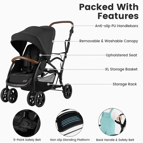 Vista 7 de INFANS Cochecito doble sentado y de pie, tándem plegable con respaldo reclinable de plataforma de pie, manillar y reposapiés ajustables, cesta