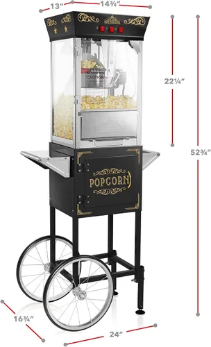 Vista 5 de Olde Midway Máquina de palomitas de maíz estilo cine con carrito y hervidor de 8 onzas - Negro, estilo vintage con ruedas